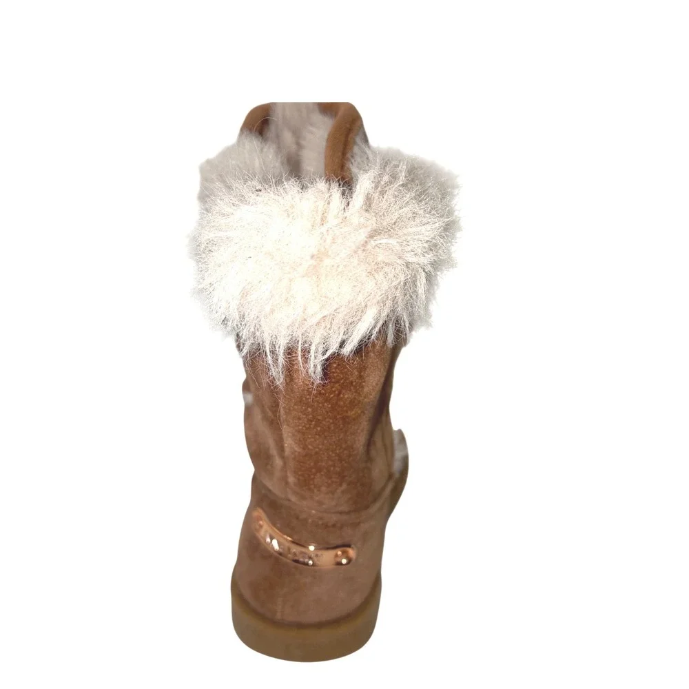 Nine West Girls Brown Glitter‎ Faux Fur Winter Boots Rose Gold Accents Kids